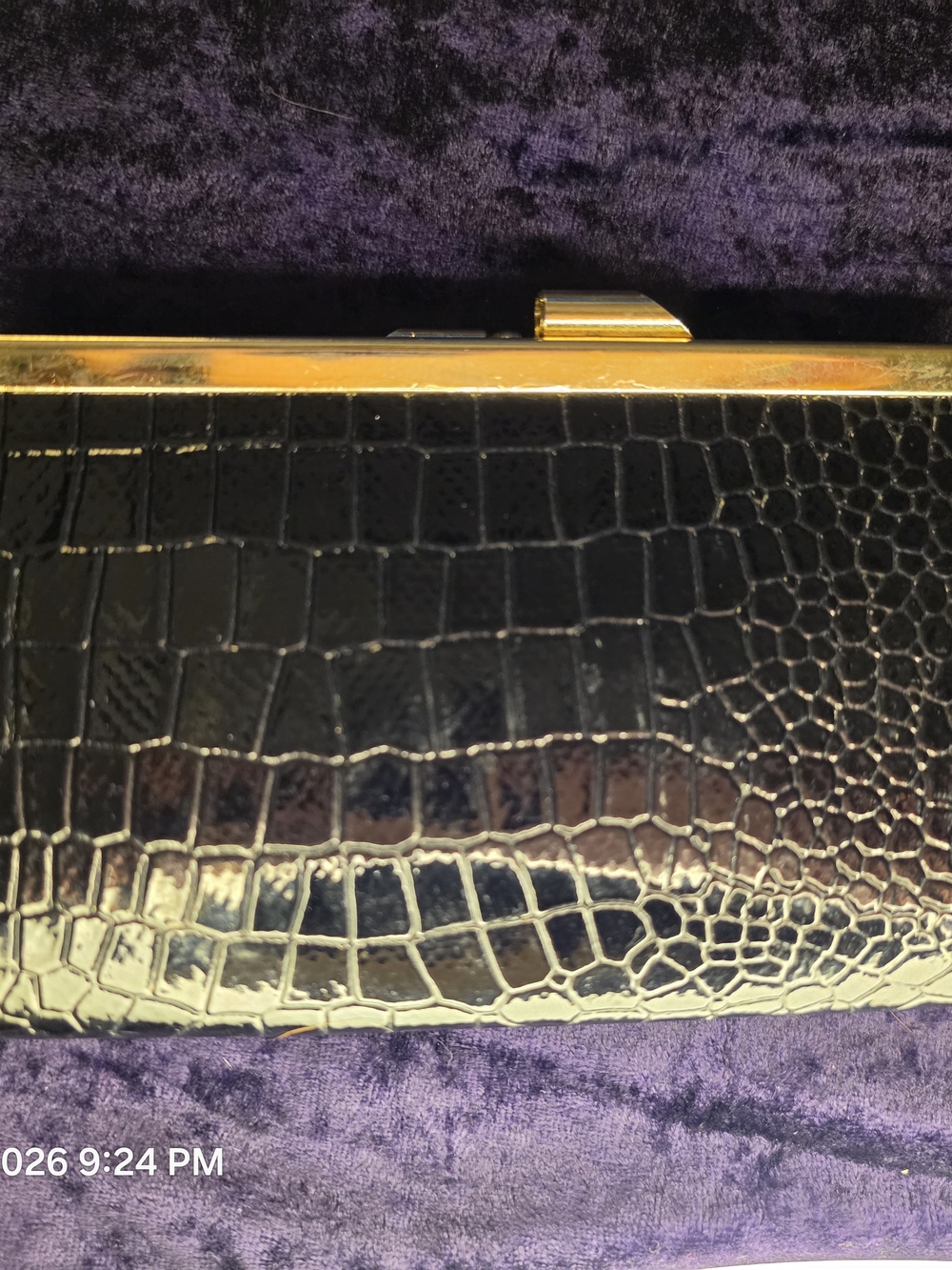 Black Croc-Embossed Frame Clutch with Gold Trim